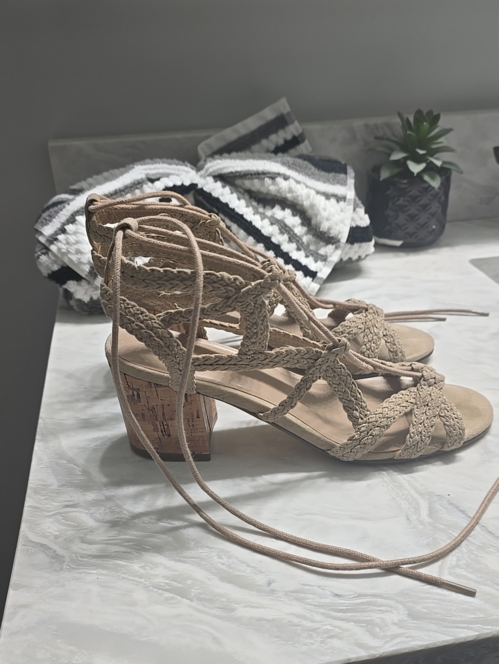 Indigo Rd Braided Lace-Up Block Heel Sandals - Beige 7.5
